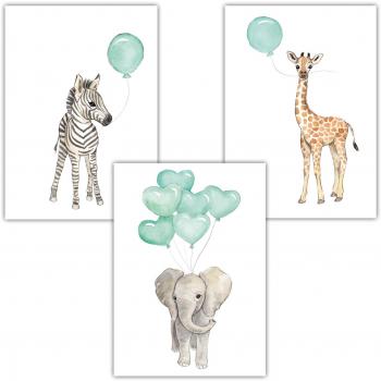 Frechdax® Kinderzimmer Poster Tiere Luftballon (3er Set)