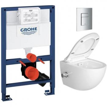 Baño Grohe Sat: bastidor, inodoro sin brida, bidé termostático y asiento SoftClose (placa cromada)