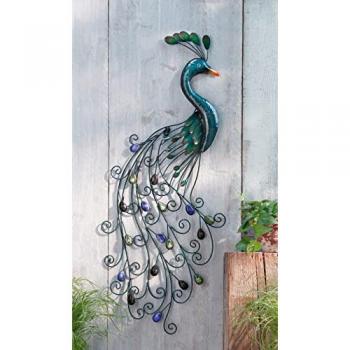 Wanddekoobjekt Antik Pfau aus Metall, 3D Wandhänger, 38x92 cm, für Innen und Außen