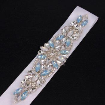 Blue Sapphire Pearl Ribbon Belt with Rhinestones