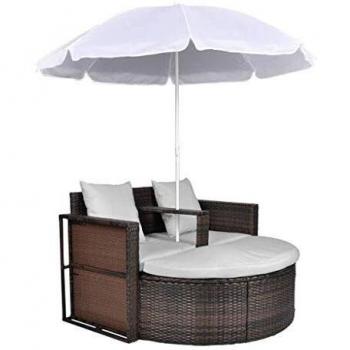 Lit de jardin avec parasol en résine tressée couleur marron