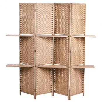 Divisorio Pieghevole a 4 Pannelli in Legno Chiaro con Scaffali e Illuminazione Trafoi