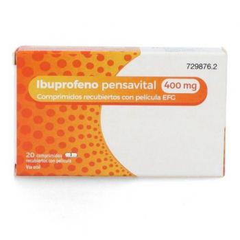 Medicamento antiinflamatorio: Ibuprofeno, 400 MG, de la marca Pensavital EFG, en presentación de 20 comprimidos recubiertos