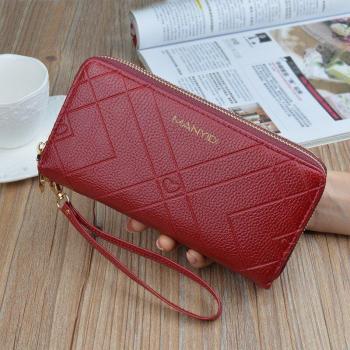 Cartera de mujer PU con cierre doble y bolsillo para móvil