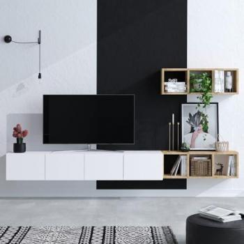 Mueble de TV 215 cm blanco con estantería de roble PIA