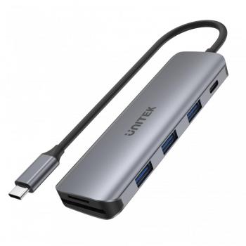 Adaptador Unitek UHub P5 USB‑C 6‑puertos + Power Delivery + lector dual