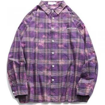 Men's Casual Long Sleeve Tie Dye Plaid Shirt