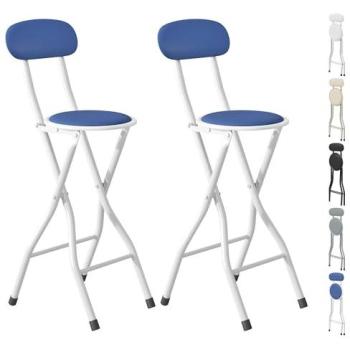 White/Blue Folding Breakfast Bar Stools – Set of 2, Padded High Chairs, Faux Leather