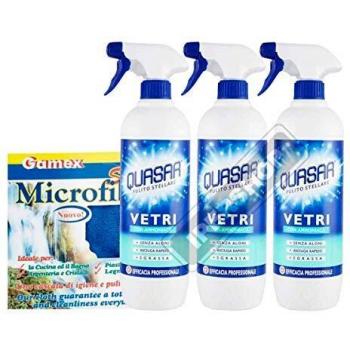 QUASAR VETRI AMMONIACA 650 ML TRIS + PANNO MICROFIBRA GAMEX