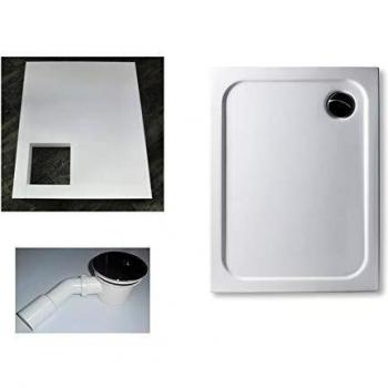 KOMPLETT-PAKET: Duschwanne 90 x 70 cm superflach 2,5 cm weiß Dusche mit gerader Unterseite Acryl + Styroporträger/Wannenträger + Ablaufgarnitur chrom DN 90