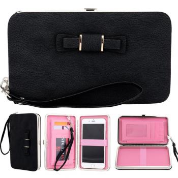 Glamorous Black Leather Clutch with Phone Pocket