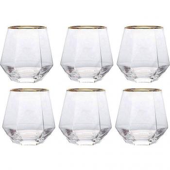 Tazón de vidrio artístico con incrustaciones de diamantes y contorno dorado de seis puntas