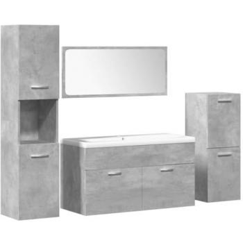 5 Piece Concrete Grey Engineered Wood Bathroom Furniture Set with Ample Storage & Wall Mount Design