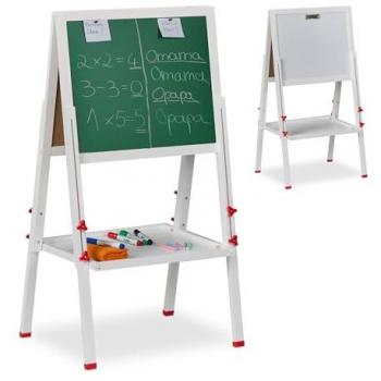 Caballete de Madera Infantil Relaxdays, Pizarra Altura Regulable, Magnética, Con Rotuladores y Tizas, 102-135x55x52 cm, Blanco