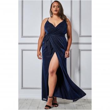 Wrap-Spaghetti Strap Maxi Dress (Navy) by Goddiva Plus