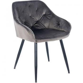 Silla de Comedor Acolchada en Terciopelo Gris Oscuro y Patas Negras
