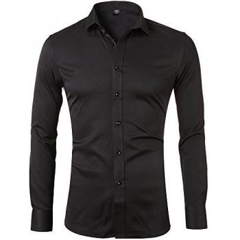 Camisa de Fibra de Bambú para Hombre, Manga Larga, Slim Fit, Elástica, Casual/Formal, Negro, 38