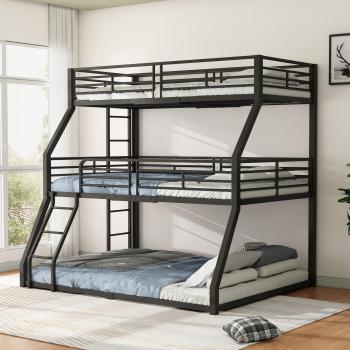 Triple lit empilé noir – deux lits 90 × 200 cm + un de 140 × 200 cm, cadre en fer