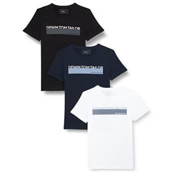 TOM TAILOR DENIM Herren T-Shirt Dreierpack, schwarz mit Print, Gr. M