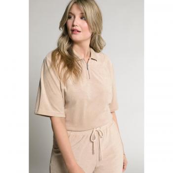 Polo in cotone spugna beige con zip a mezze maniche donna taglia 56/58 Ulla Popken