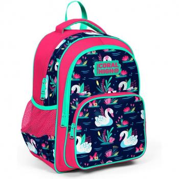 Coral High Kids Neon Coral Navy Blue Swan Motif Three Compartment School Backpack