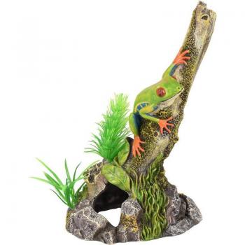 Aquarium‑Schmuck Leto: Flamingo mit Frosch am Ast