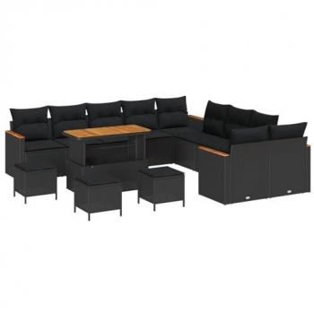 Ensemble canapés jardin 14 pcs – coussin noir rattan – poly‑acacia (Vidaxl)