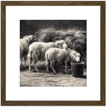 Artery8 Bonheur Bergerie 8x8 Brown‑Wood Mounted Sheep Pen Illustration