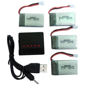 Batteries Li‑Po 650 mAh 3,7 V (4 pièces) + chargeur 4‑en‑1 – adapté Wltoys F949