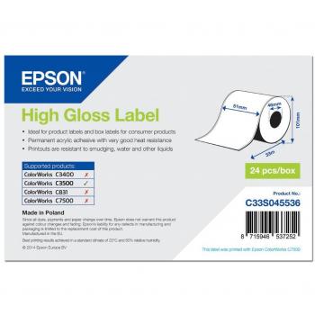 Epson C33S045536 High Gloss Inkjet Label Roll, 51mm x 33m for ColorWorks C3500 Series