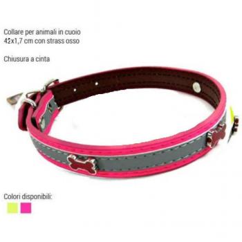 Collier cuir 42 cm avec strass osse, couleurs variées – conçu pour chiens, chiots et chats