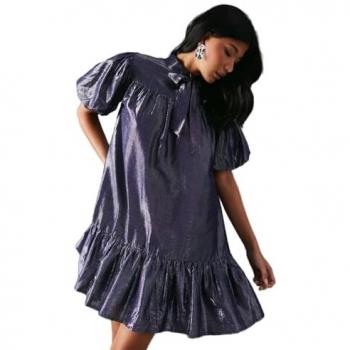 Navy Metallic Tie Neck Puff Sleeve Tiered Mini Dress