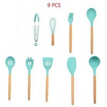 High-Temperature Silicone Kitchen Utensils Set Green 11 Pieces Wooden Handle