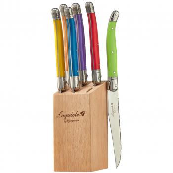 Laguiole by FlyingColors 6‑Piece Micro Serrated Steak Set – Stainless Steel, Wood Block, Multi‑Color Handle Design