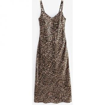 Robes satinées à bretelles, mi‑longues, imprimé léopard brun