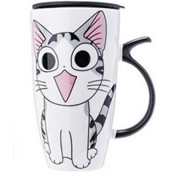 600ml Porcelain Cat Mug with Lid and Spoon