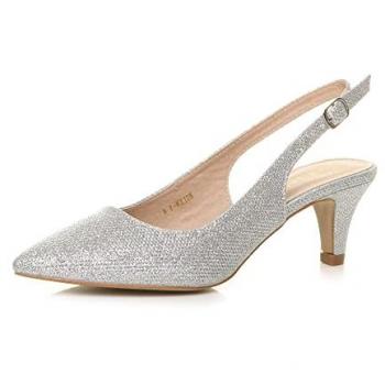 Glitter Mesh Mid‑Heel Slingback Shoes for Women (Silver)