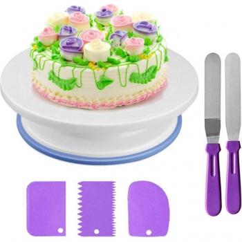 Rotating Cake Decorating Stand with Spatulas and Smoothers