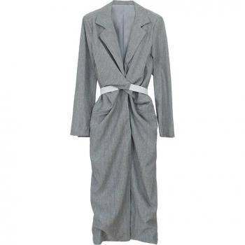 EAM Ladies Gray Pleated Knot Long Dress V-Collar Long Sleeve Loose Fit Tide Spring Summer 1W485