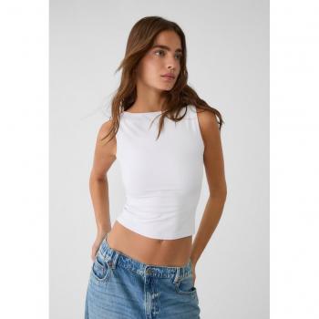 Stradivarius White Boatneck T-Shirt Polyamide XL