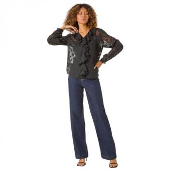Blouse à motif floral sombre, col frisé, finition burn-out