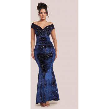 Shimmer Velvet Bardot Maxi (Navy) – Goddiva Style