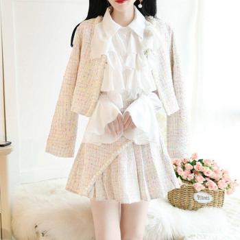 Women's Pearl Beaded Short Jacket Ensemble with Ruffled White Chiffon and Pleated Skirt