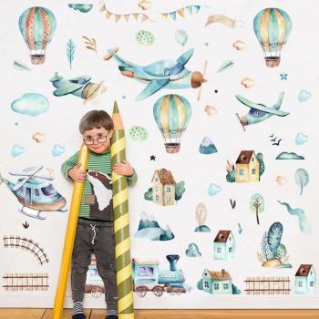 2pcs/set DIY Hand-painted Air Balloon Train Wall Art for Kids' Decor