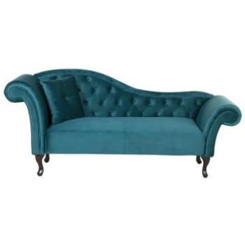 Chaiselongue Samtstoff Blaugrün Linksseitig mit Holzfüßen und Zierkissen
