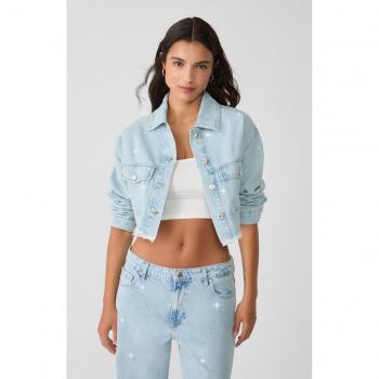 Embellished Cropped Denim Jacket Medium Light Blue M