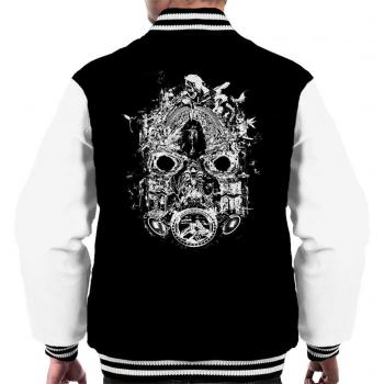 White Print Men's Varsity Jacket “Mask of Mayhem” by Cloud City 7 & Borderlands 3