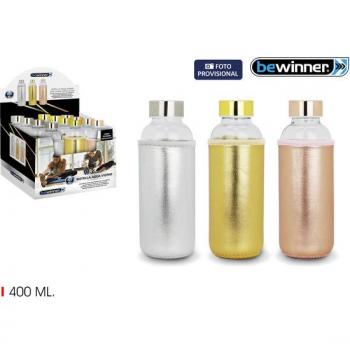 Envase de vidrio con capacidad de 400 ml y funda metálica
