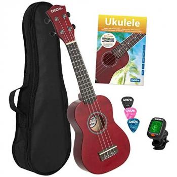 Cascha Ukulele Linde Rot, Bundle mit Tasche, Lernbuch, Stimmgerät und Plektren