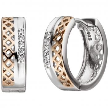 Jobo Damen Creolen 925 Sterling Silber bicolor vergoldet 10 Zirkonia Ohrringe